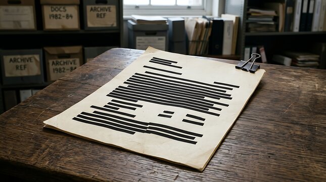 Censored document with black redacted lines on a wooden desk