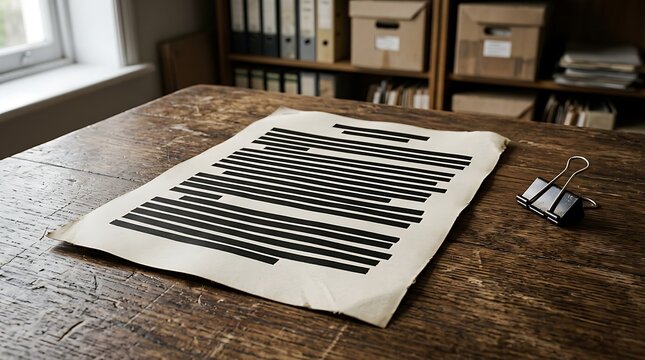 Censored document with black redacted lines on a wooden desk