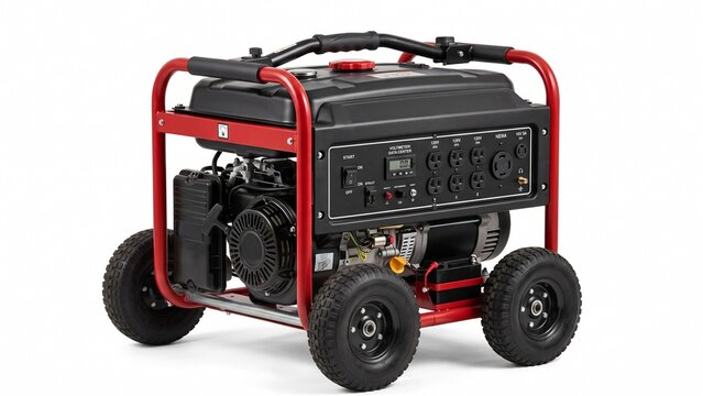 Portable electric power generator featuring red frame and durable wheels isolated on white background