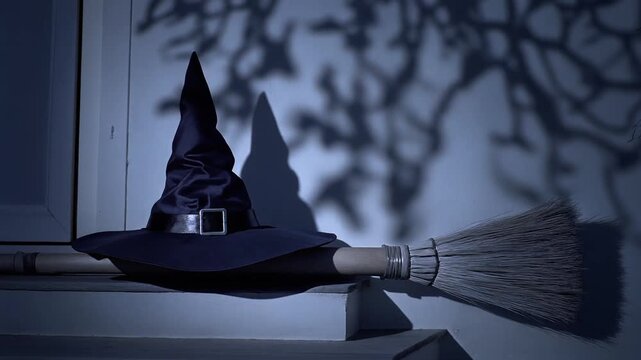Halloween Witch Hat and Broomstick with Spooky Shadows