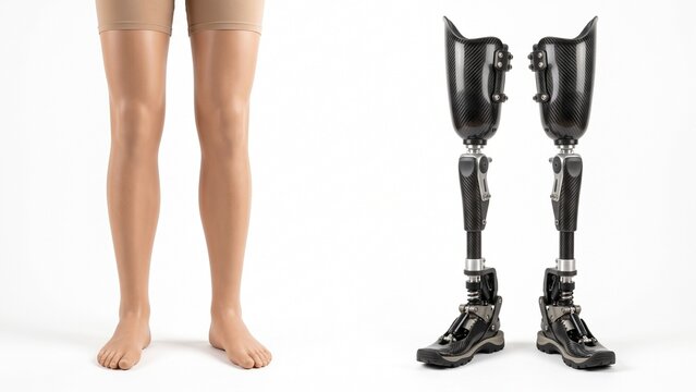 Modern carbon fiber prosthetic legs standing near human legs displayed for medical technology on white background