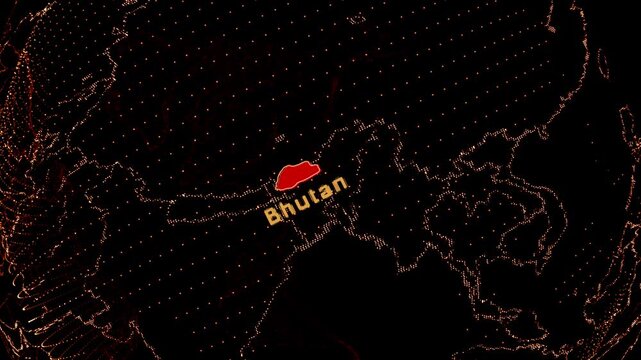 Bhutan Map Highlight on Rotating Digital Globe.