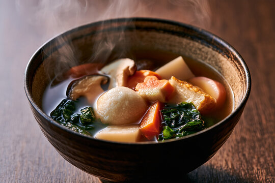 Steaming Japanese Ozoni Soup with Mochi and Vegetables