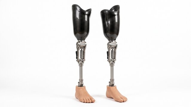 Carbon fiber prosthetic legs with advanced metal joints displayed as a pair on white background