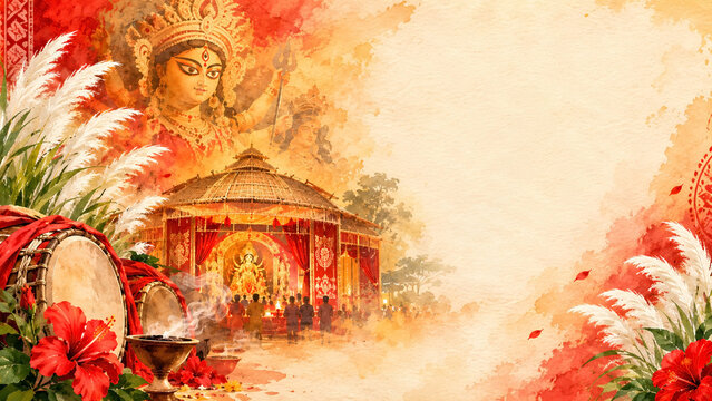Traditional Bengali Durga Puja Festival Watercolor Background with Pandal, Dhak Drum, Kash Phool, Hibiscus, and Goddess Durga Vision