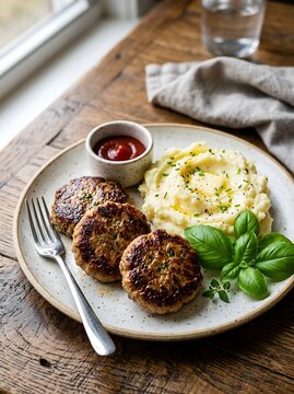 Homemade meatballs with mashed potatoes and ketchup on rustic plate for healthy meal prep