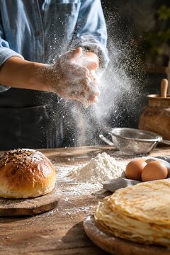 Professional baker dusting bread rolls with flour on wooden table in rustic kitchen setting
