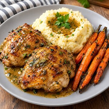 Grilled chicken breast with garlic herb sauce served on white plate with mashed potatoes and roasted carrots