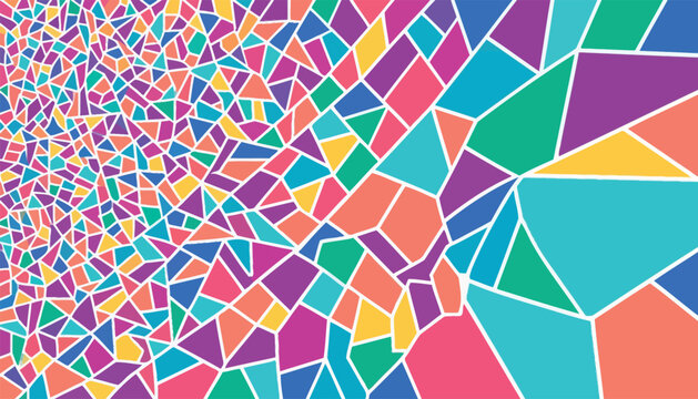 A vibrant geometric pattern features an array of colorful irregularly shaped polygons abstract arrangement art background broken colorful complex
