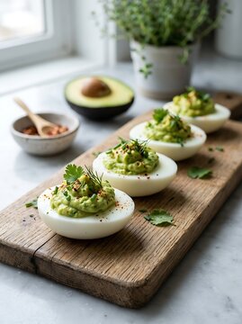 Freshly prepared avocado deviled eggs served on wooden board for appetizer presentation