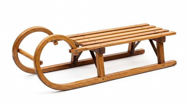 Classic wooden sledge with polished brown finish crafted for winter snow sports isolated on white background