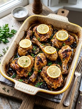 Baked lemon herb chicken meatballs in ceramic dish with fresh herbs on rustic wooden table