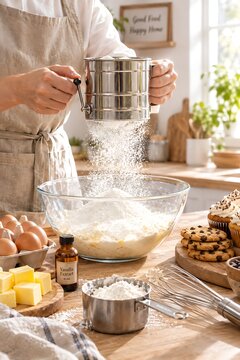 Professional chef sifting flour into mixing bowl in modern kitchen workspace with baking ingredients