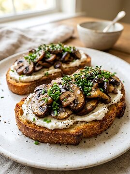 Gourmet mushroom and cheese toast served on rustic bread with fresh herbs on white plate