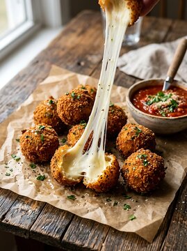 Chef plating golden fried arancini balls with melted mozzarella drizzle on rustic wooden table