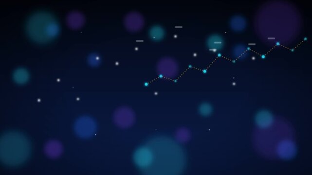 abstract data visualization graphic with connecting blue dots and lines, glowing particles, dark blue background with bokeh