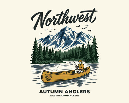Northwest autumn anglers vector illustration. Fisherman in a canoe on a mountain lake. Vintage outdoor adventure badge design. Pine forest scene.