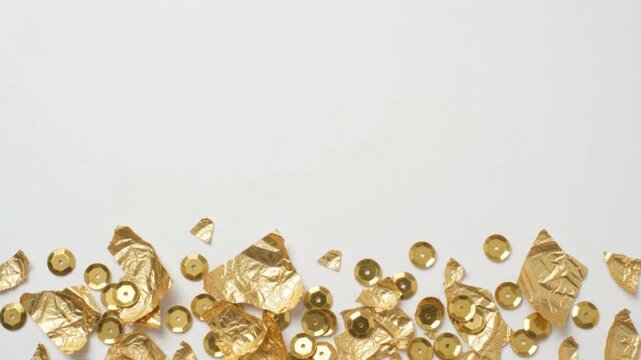 Minimalist Gold Foil Crumbs and Sequins Bottom Border on White Motion Background Loop   