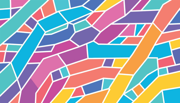 A colorful geometric pattern features interlocking polygonal shapes in a vibrant modern style abstract arrangement artistic background bright composition