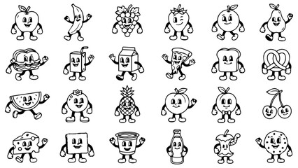 Obraz premium Set of cute hand drawn food characters with funny faces and arms on a simple sketch style