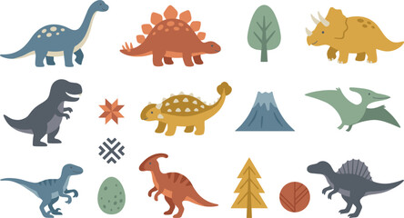Cute flat design dinosaur vector set featuring prehistoric animals tyrannosaurus rex triceratops stegosaurus brachiosaurus volcano and trees isolated on white background clipart © SARIFA
