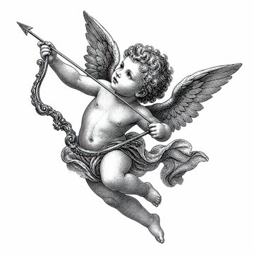 Vintage cherub cupid illustration with ornate bow and arrow