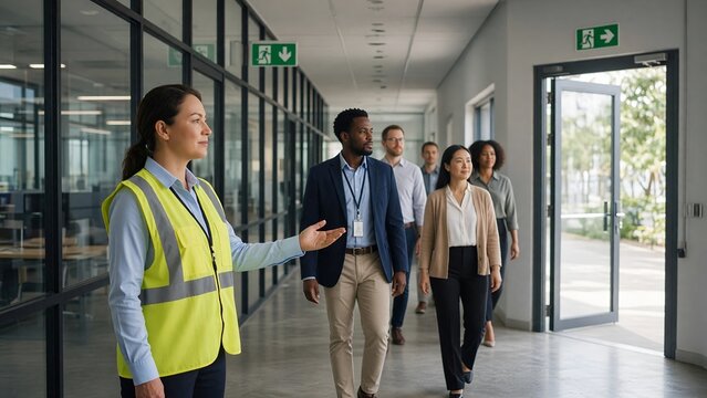 Female Guide Showing Modern Office Facility to a Diverse Group of Professionals
