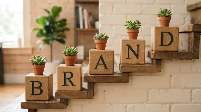 Wooden blocks spelling brand on stairs