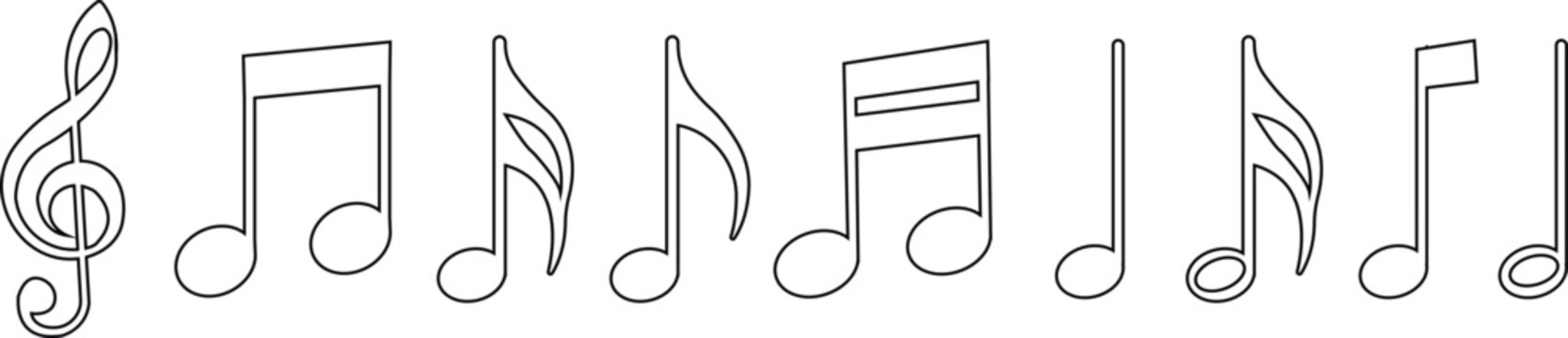 Music notes icon set, song, melody or tune flat or line vector collection isolated on transparent background. Musical key trendy style symbols design element logo template for musical apps and website