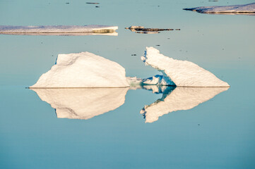 Two icebergs reflected in calm arctic water © Georg