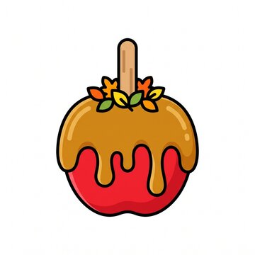 Delicious red caramel apple on a wooden stick decorated with colorful autumn leaves in a clean vector illustration style.