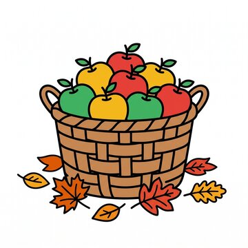 A vibrant vector illustration featuring a woven basket filled with red, yellow, and green apples, surrounded by colorful fallen autumn leaves on a clean background.   