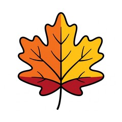 Fototapeta premium A stylized vector illustration of an autumn maple leaf featuring vibrant shades of orange, yellow, and red with bold outlines.