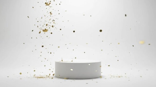 Elegant 3D White Cylinder Product Podium with Falling Gold Glitter Particles Motion Background Loop   