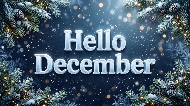 Warm hello december greeting with beautiful winter forest and glittering snowflakes falling
