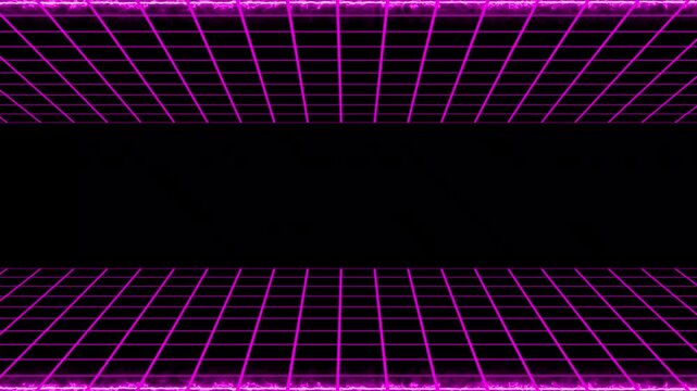 Abstract futuristic orange neon grid perspective with glowing particles, and sci-fi cyber space motion, 80s retro arcade game style laser background loop for video intro and posters.