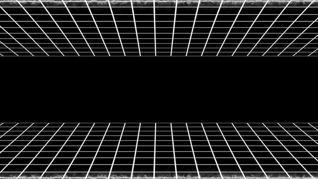 3d synth wave cyberpunk landscape with neon white grid, and glowing laser perspective. futuristic 80s retro sci-fi digital cyberspace grid tunnel animation loop background design.