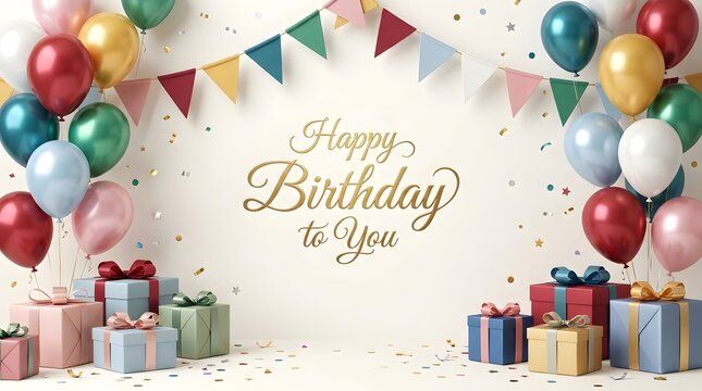 Bright colorful happy birthday celebration featuring balloons and beautifully wrapped gift presents