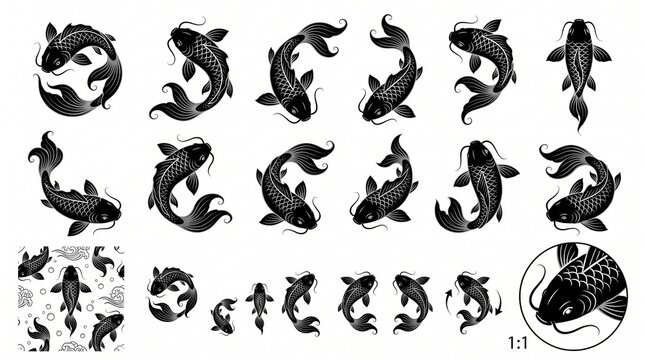 Collection of black koi fish silhouettes in various swimming poses, featuring seamless pattern and detailed scale vector elements.
