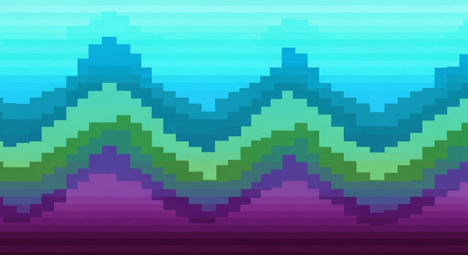 Pixelated retro waves display vibrant turquoise green and purple gradients creating an artistic digital pattern reminiscent of classic video game landscapes from the nostalgic eighties computing