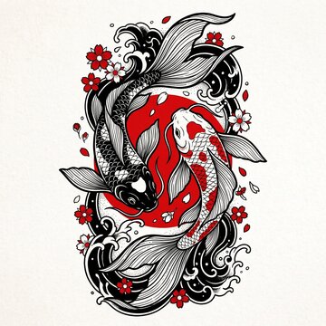 Two koi fish circle in harmony around a red sun with water waves and cherry blossoms in classic Japanese tattoo art style.