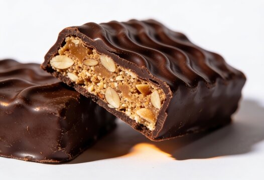 Chocolate bar with nut filling partially broken revealing creamy center on white surface