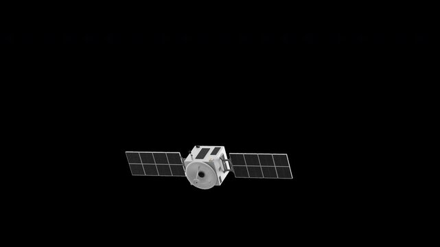 Stylized animation of a satellite moving in repetitive orbital movement, 3d render with alpha channel