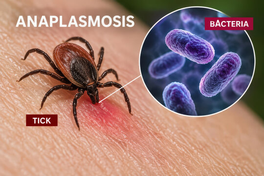 Anaplasmosis bacterial infection caused by Anaplasma phagocytophilum transmitted by blacklegged tick bite close up skin tick crawling and bacteria illustration medical health warning