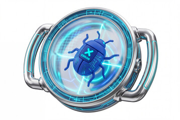 Obraz premium Icono 3D de insecto robótico en escáner de cristal representando depuración de errores de software
