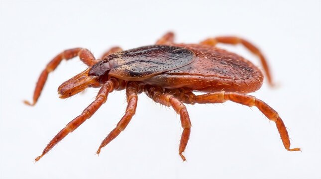 Detailed macro photograph of a tick parasite isolated on a white background showing its anatomy and legs.