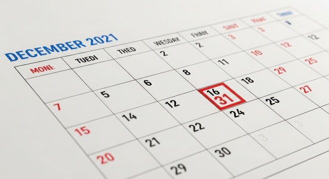 December 2021 calendar with dates 16 and 31 highlighted in red