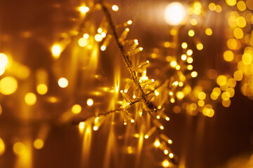 Obraz premium Golden Christmas fairy lights glowing with warm bokeh background