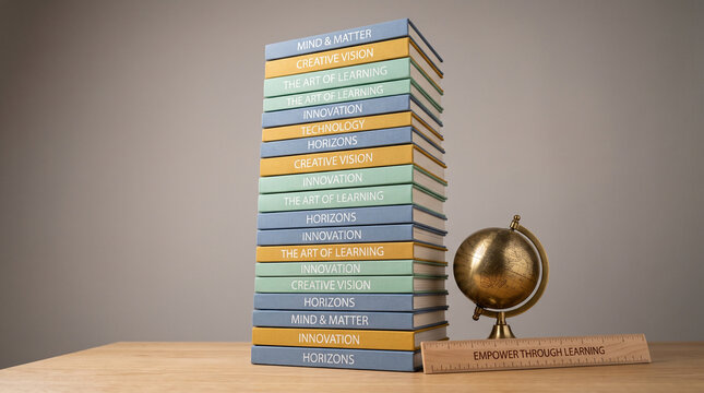A tall stack of colorful hardcover books alongside a metallic globe with books educational titles titles sits wooden wooden desk next vertical stack intellectual