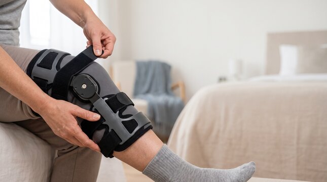Close up of a person adjusting a medical knee brace for joint support and rehabilitation after an injury